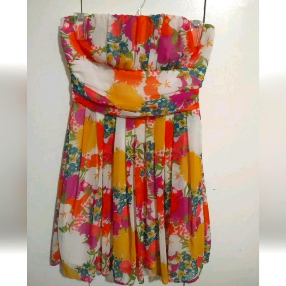Twenty One Orange Pink Floral Party Cocktail Formal Dance Dress Strapless M
